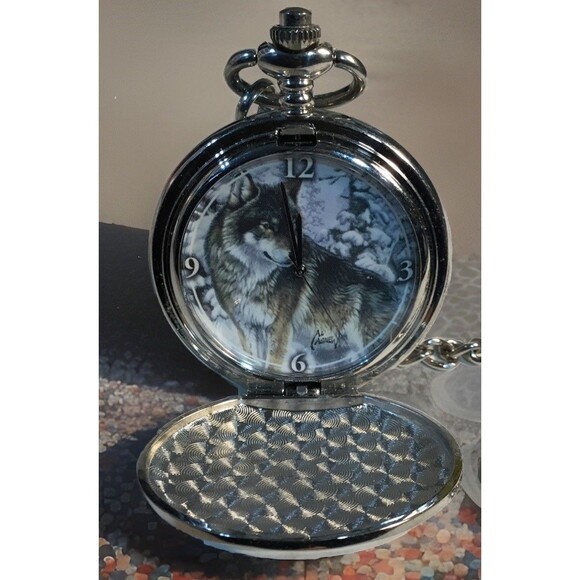 Al Agnew Wolf Men's Pocket Watch Silver Tone With Chain & Clip Needs New Battery - Picture 7 of 8